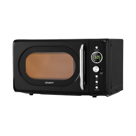 Devanti microwave oven with green LED screen showing active timer settings.
