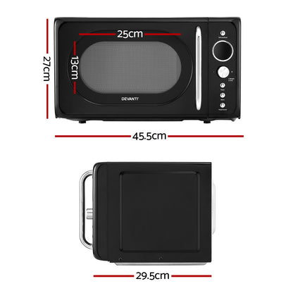 Angled side view highlighting the sleek black design of the Devanti 20L Microwave Oven.