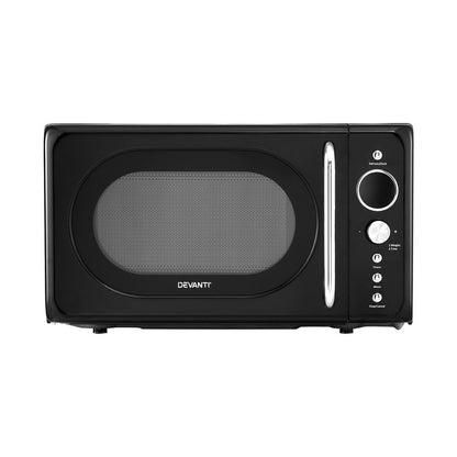 Front view of Devanti 20L Microwave Oven in black with LED display and pull door.