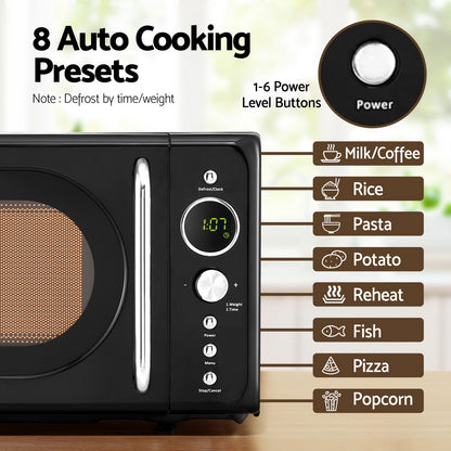 Close-up of digital LED display, auto menu buttons, and control settings on the Devanti microwave.