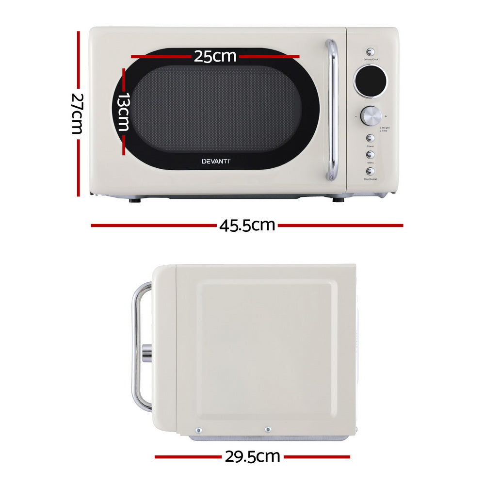 Side angled view of Devanti 20L Cream Microwave highlighting its sleek retro-modern finish