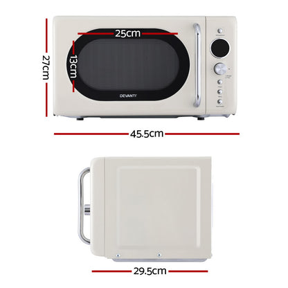 Side angled view of Devanti 20L Cream Microwave highlighting its sleek retro-modern finish