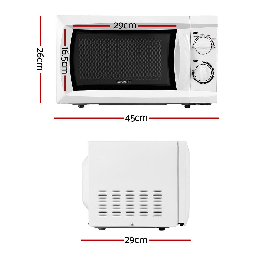 Side angle of the white Devanti 800W microwave oven on countertop

