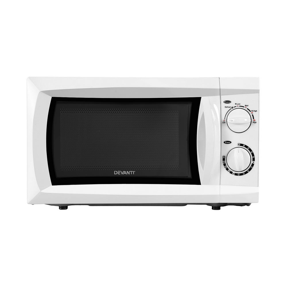 Front view of Devanti 20L Microwave Oven with white painted finish in modern kitchen