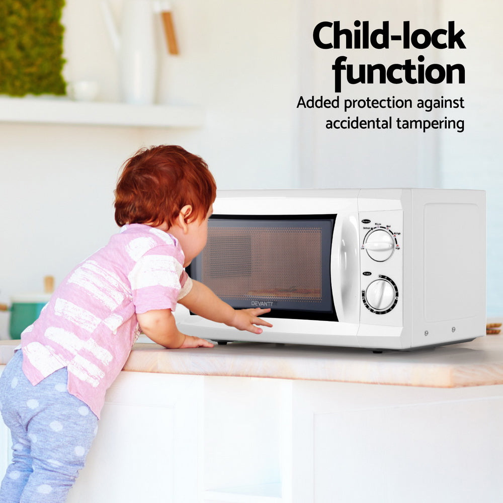 Child-lock feature and secure door on Devanti microwave oven with modern finish