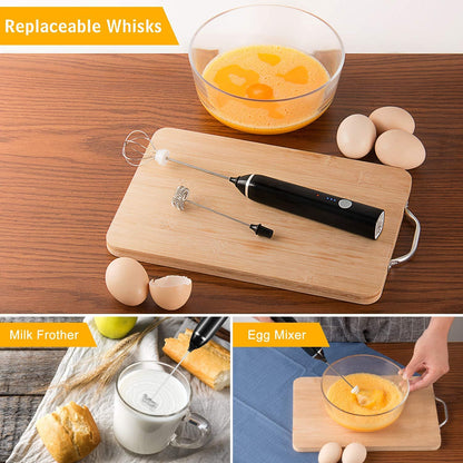 Frother displayed with accessories in a compact travel case, ideal for on-the-go frothing.