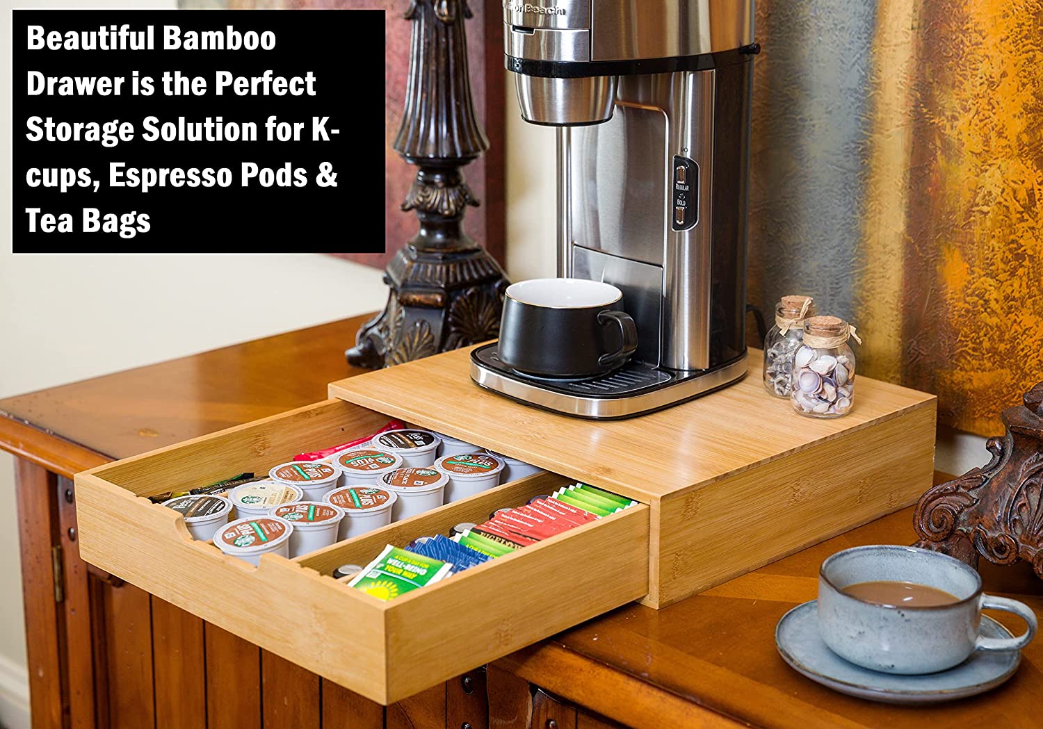 Bamboo coffee pod holder placed on modern kitchen countertop