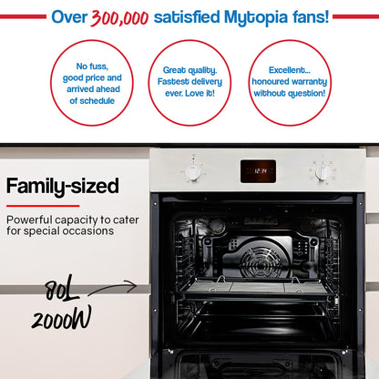 Spacious 80-litre oven interior with baking tray and five rack positions