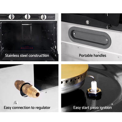 Close-up of push-in piezo burner ignition button on Devanti stove