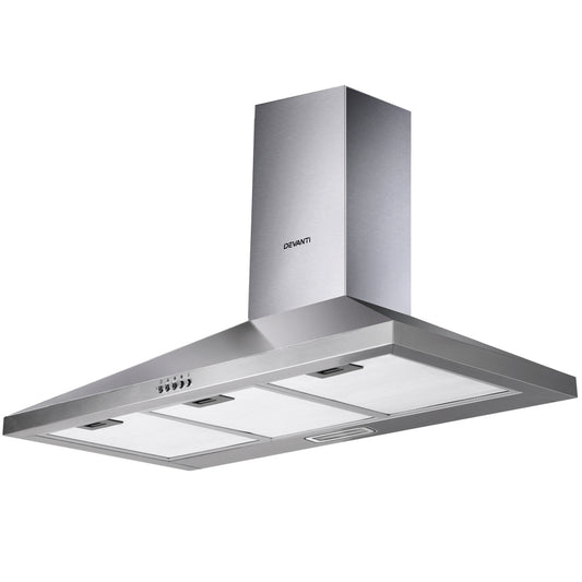 Sleek front view of the Devanti 900mm wall-mounted stainless steel range hood with LED light
