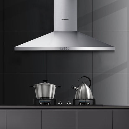 Full kitchen view featuring the Devanti 900mm range hood installed above a cooktop