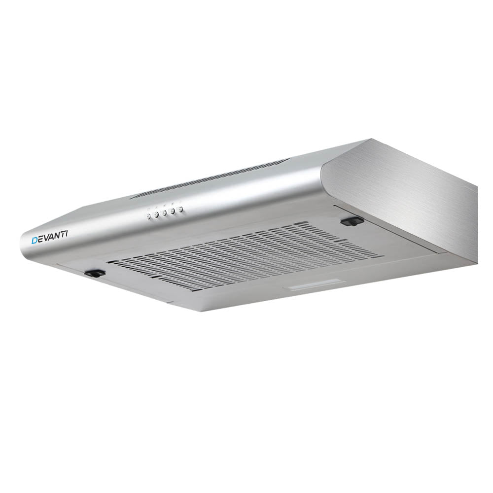 Sleek front view of the Devanti 60cm slimline range hood in stainless steel finish for modern kitchens