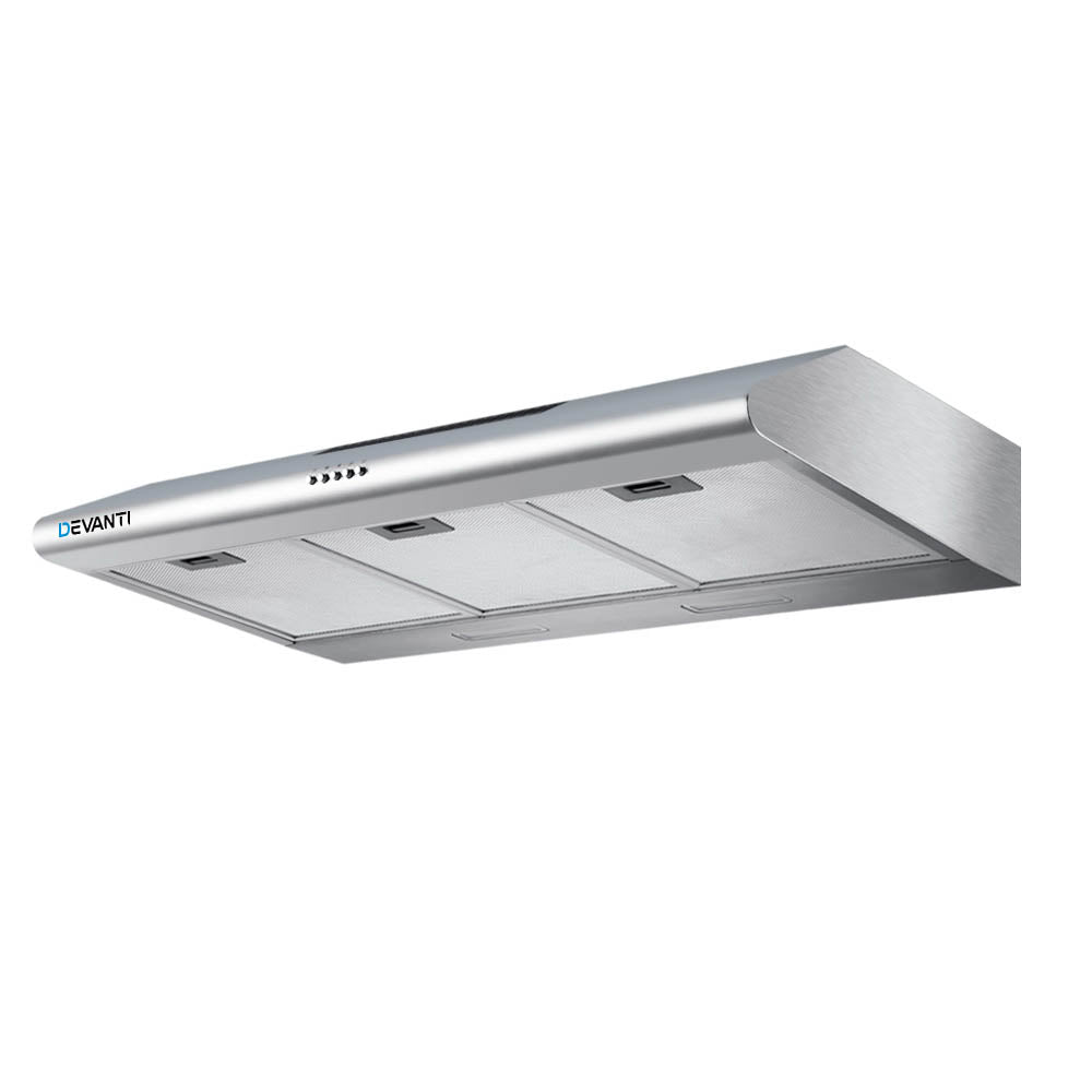 Sleek stainless steel range hood with minimalist 900mm design, suitable for modern kitchens.