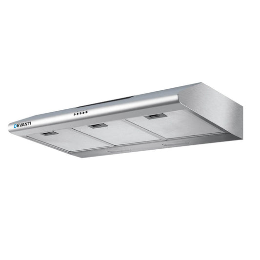 Sleek stainless steel range hood with minimalist 900mm design, suitable for modern kitchens.