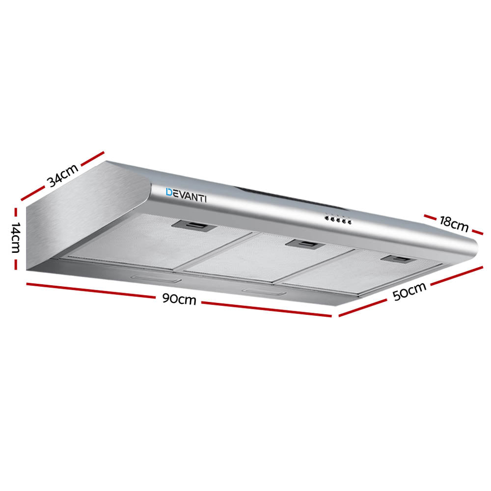 Side angle showcasing the slimline profile of the Devanti stainless steel range hood.