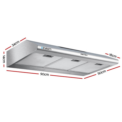 Side angle showcasing the slimline profile of the Devanti stainless steel range hood.