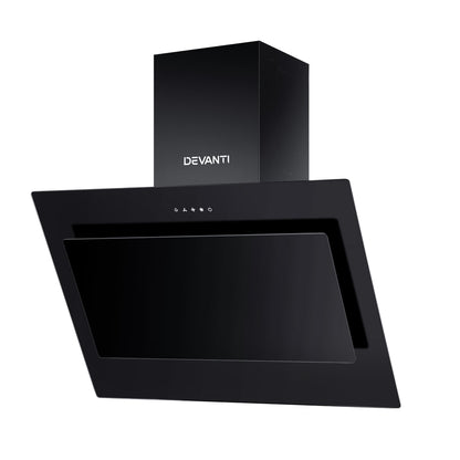 Front view of the Devanti 900mm angled range hood in black tempered glass, showing its sleek wall-mounted design. Model RH-90-BK.