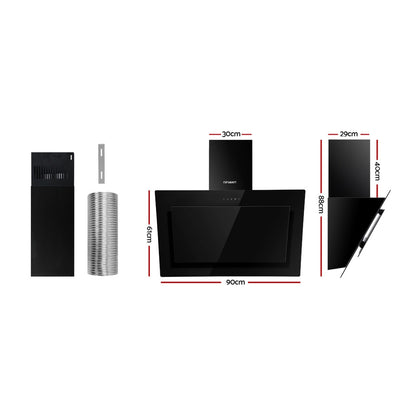 ide-angle view highlighting the 30-degree inclined black glass range hood and its modern slim profile. Model RH-90-BK.