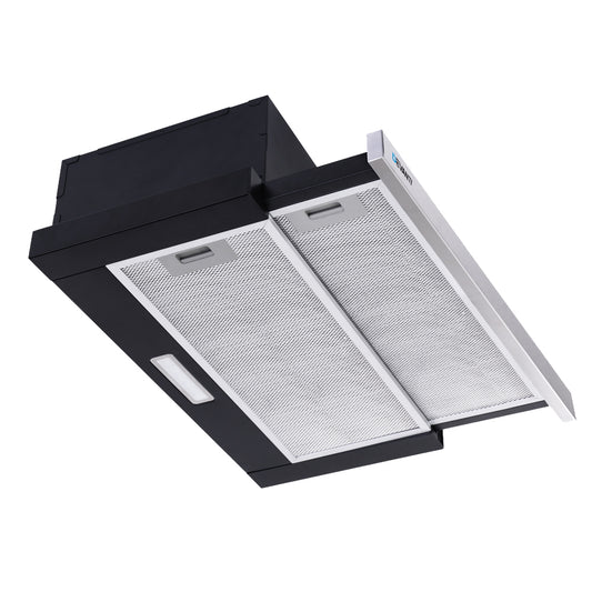Front view of the Devanti stainless steel slide-out range hood, showcasing its slim, modern design. No model shown.