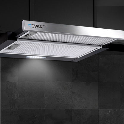 Close-up of the range hood’s underside showing the LED light and aluminium grease filters in action. 