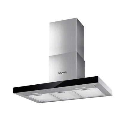 Devanti 900mm range hood with black tempered glass in modern kitchen.