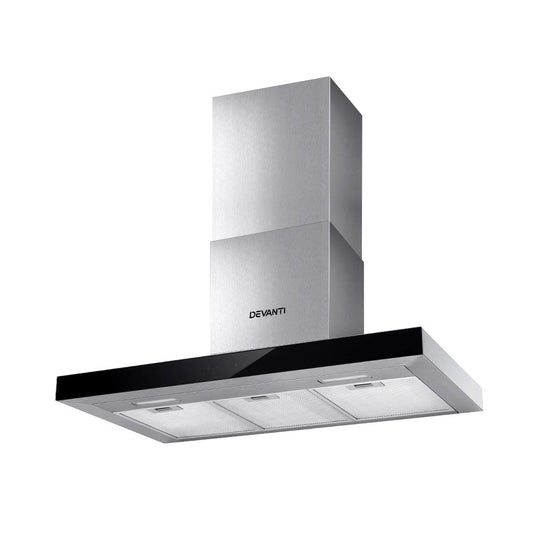 Devanti 900mm range hood with black tempered glass in modern kitchen.