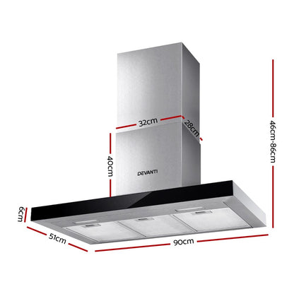  Close-up of Devanti 900mm range hood in stainless steel and glass with touch controls.