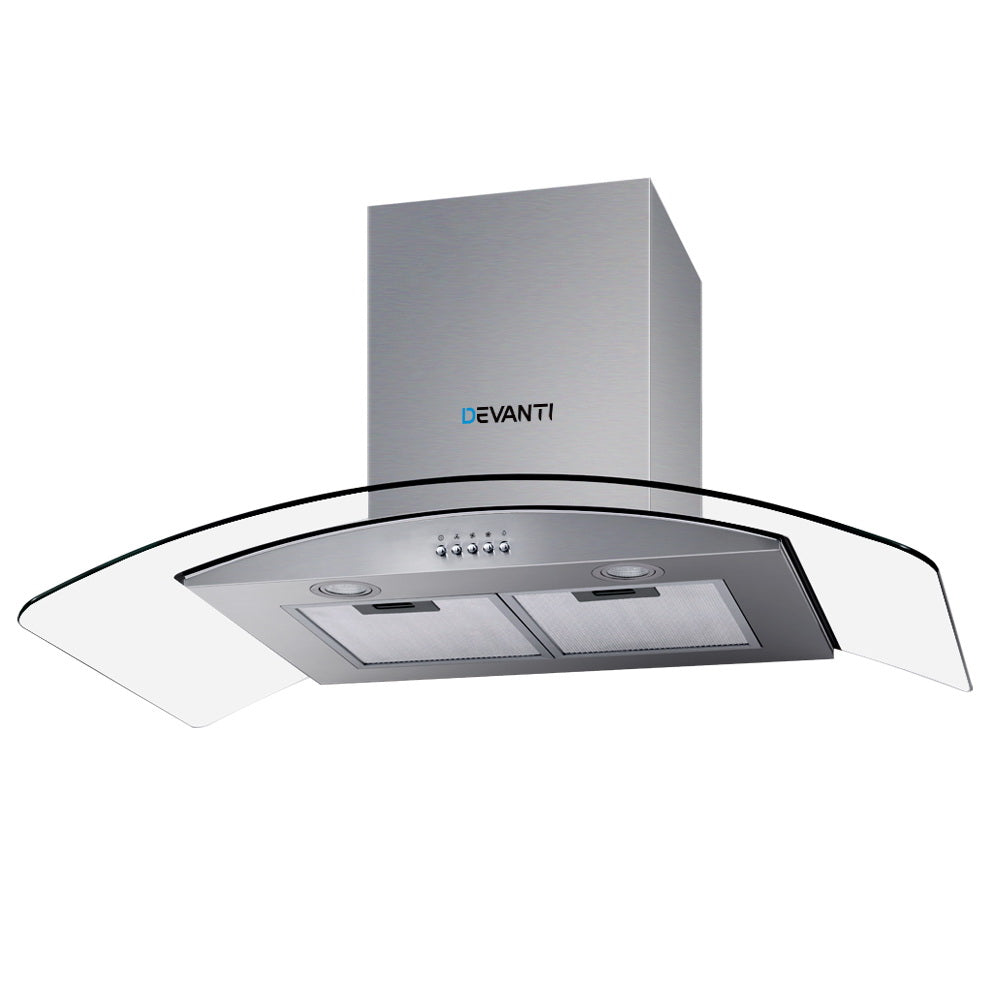 Devanti 900mm stainless steel range hood front view with glass canopy and LED lights
