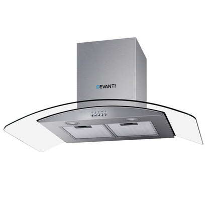 Devanti 900mm stainless steel range hood front view with glass canopy and LED lights