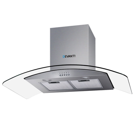 Devanti 900mm stainless steel range hood front view with glass canopy and LED lights