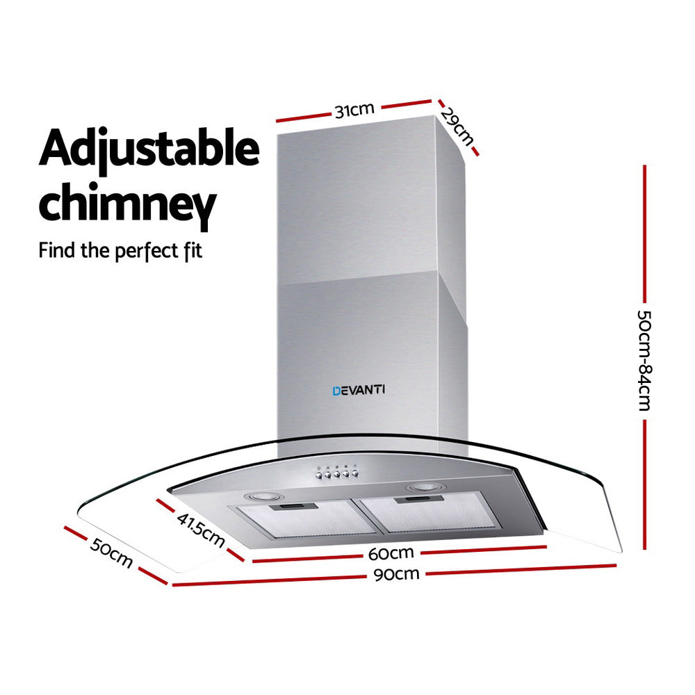 Side profile of Devanti 900mm range hood with adjustable chimney and filter system