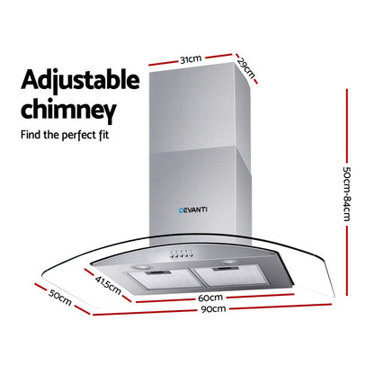 Side profile of Devanti 900mm range hood with adjustable chimney and filter system