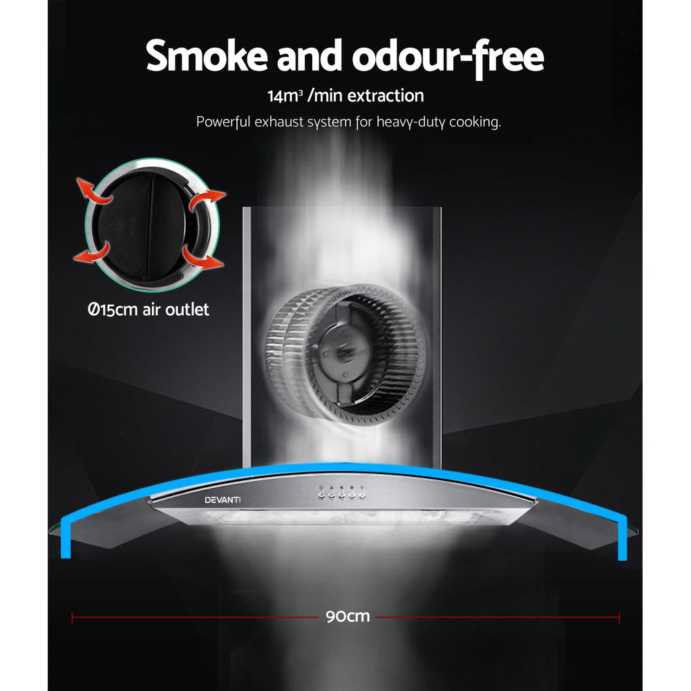 Devanti 900mm range hood demonstrating powerful suction.