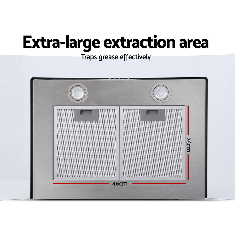Devanti 900mm range hood showing smoke and grease extraction in use