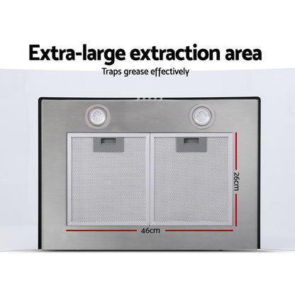 Devanti 900mm range hood showing smoke and grease extraction in use