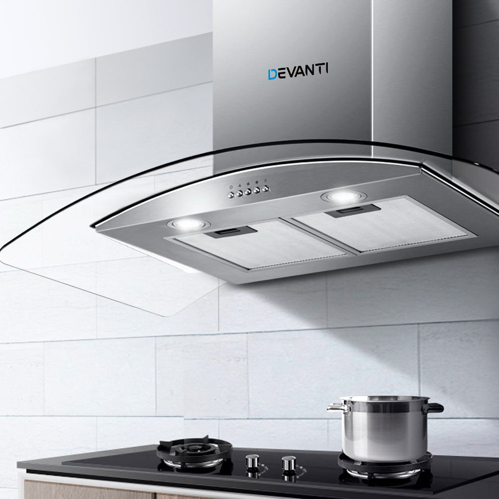 Bright LED lights illuminating cooking area under Devanti 900mm range hood
