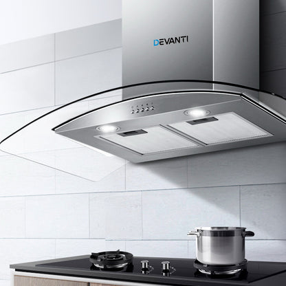 Bright LED lights illuminating cooking area under Devanti 900mm range hood