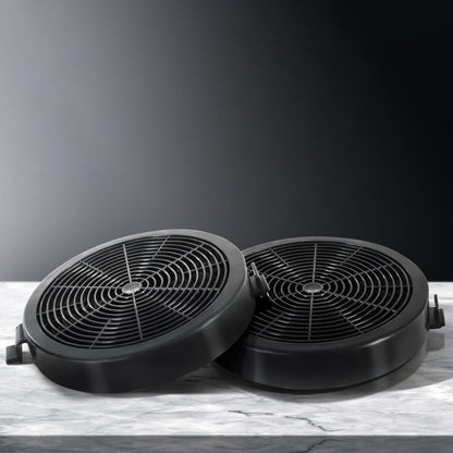 Front-facing view of Devanti 11cm carbon charcoal filter replacement set for ductless range hoods, shown as a pack of 2 with mesh design.