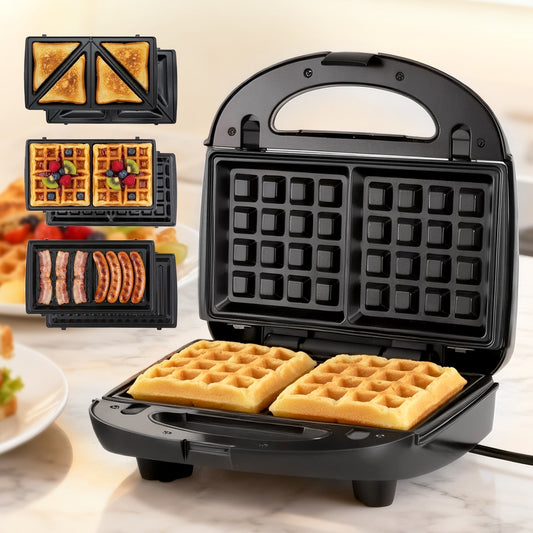 Multifunctional waffle maker with different cooking attachments on a light background