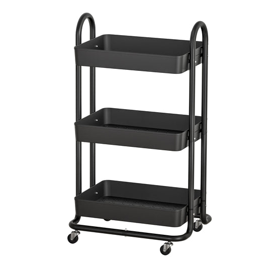 Black three-tier rolling cart on a white background