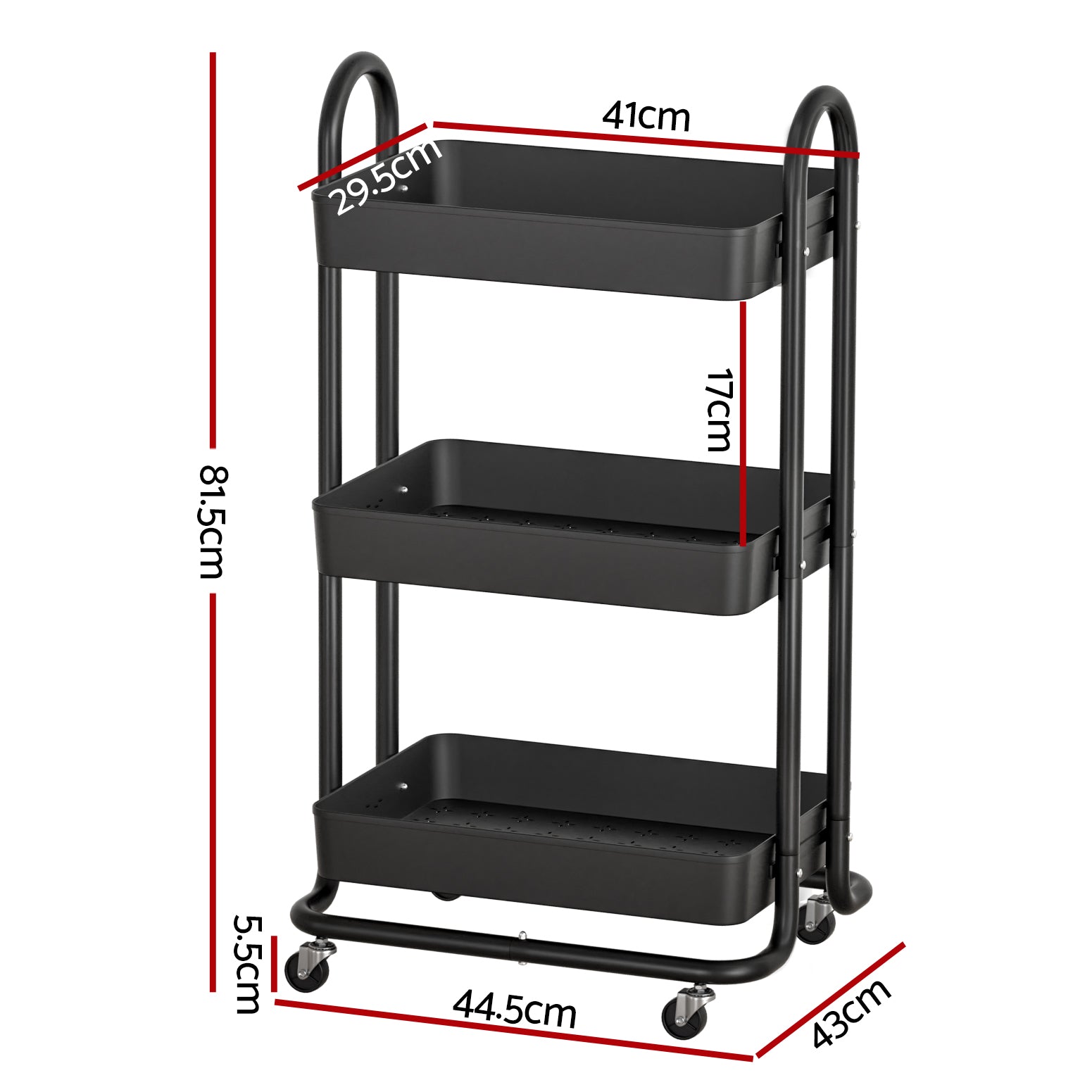 Black three-tier rolling cart with measurements on a white background