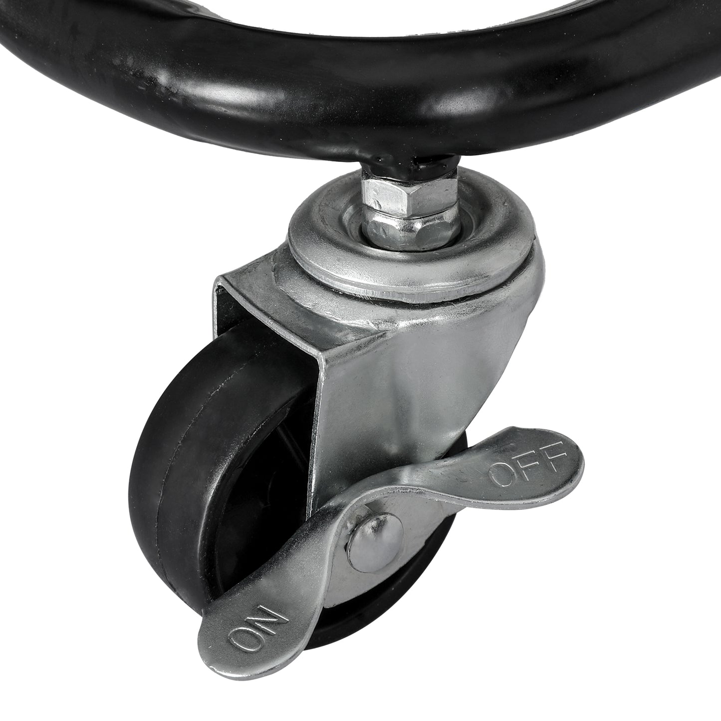 Metal caster wheel with a brake lever on a white background