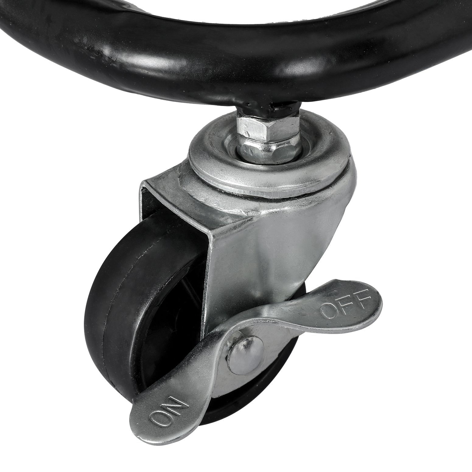 Metal caster wheel with a brake lever on a white background