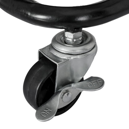 Metal caster wheel with a brake lever on a white background