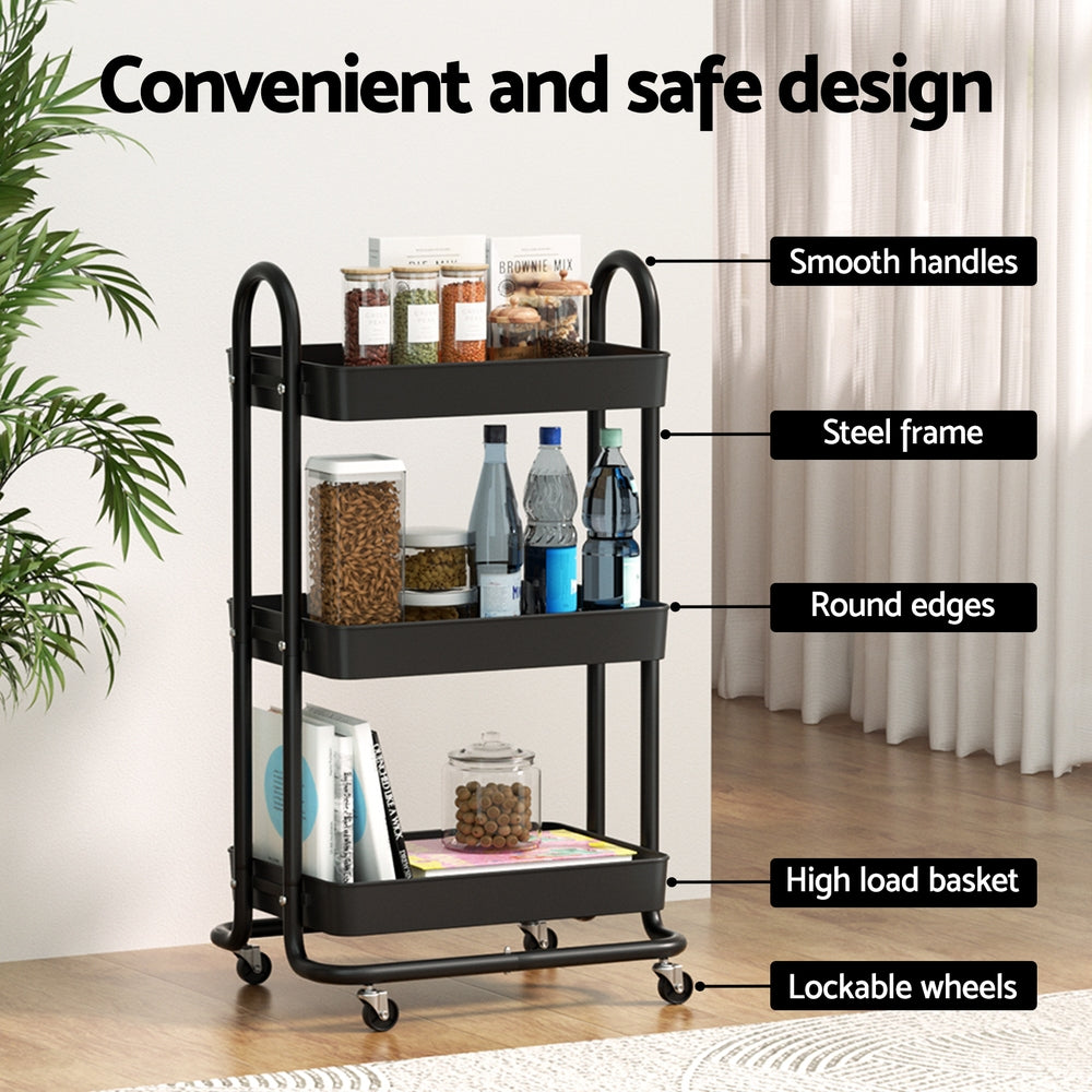 Black metal serving cart with features labeled in a room setting