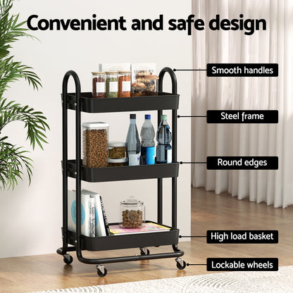 Black metal serving cart with features labeled in a room setting