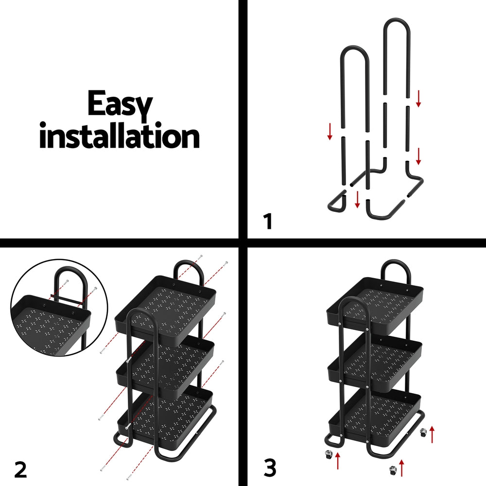 Step-by-step guide to installing a black three-tier rolling cart with arrows indicating the process.