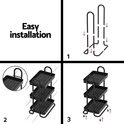 Step-by-step guide to installing a black three-tier rolling cart with arrows indicating the process.