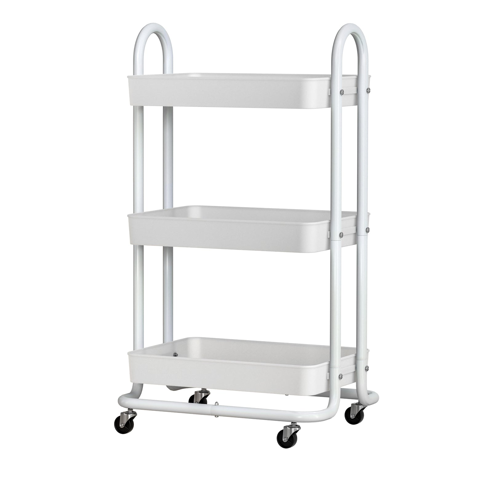 White metal utility cart with two shelves on a white background