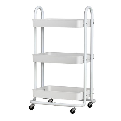 White metal utility cart with two shelves on a white background